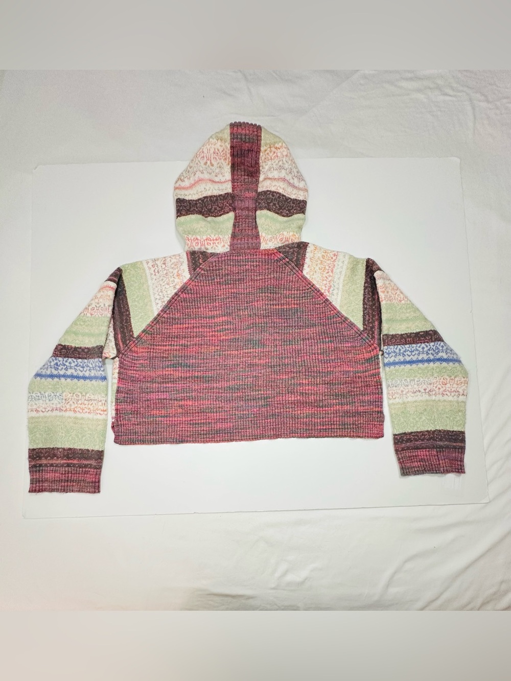 DAILY PRACTICE CROPPED HOODED SWEATER WOMEN’S MED FAIR ISLE STRIPE BOHO COASTAL - Picture 6 of 9